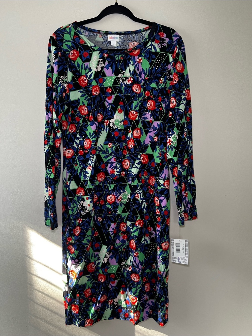 LuLaRoe Debbie Black Floral Long Sleeve Shift Dress with Red & Green Accents